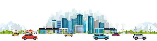 Paisaje urbano con grandes edificios modernos, rascacielos — Vector de stock