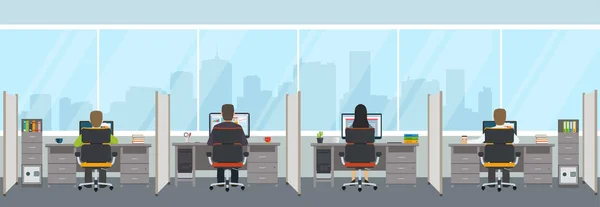 Interior de escritório moderno com funcionários. Espaço de escritório com panorama — Vetor de Stock