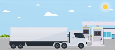 Elektro benzin istasyonu ile kamyon arka plan Eko kent üzerinde. 