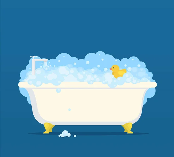 Bañera con burbujas de jabón y pato lindo — Vector de stock