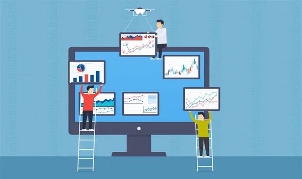La gente pone estadísticas y análisis web de negocios en monitor . — Vector de stock