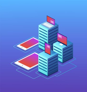 Veri Merkezi dijital cihazlar ile. Bulut depolama, veri koruma, veri aktarımı kavramı.