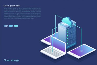 Veri Merkezi dijital cihazlar ile. Bulut depolama, veri transferi kavramı. 