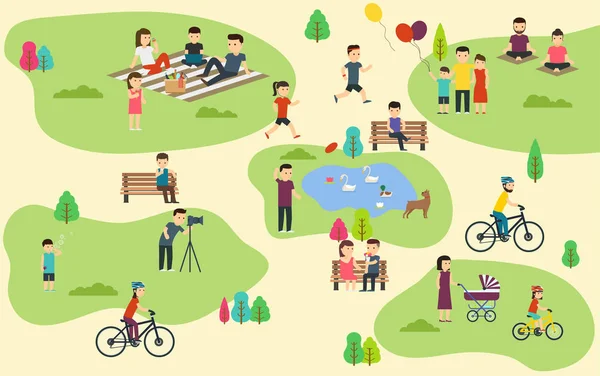 Sommer öffentlicher Park mit aktiven Menschen, Familienurlaub — Stockvektor