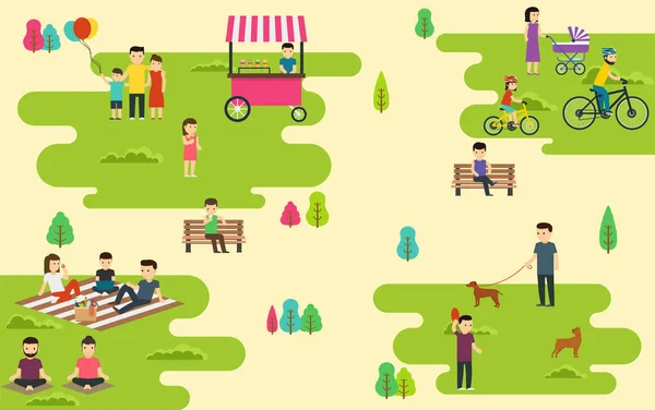 Letní veřejný park s aktivními lidmi, rodinná dovolená — Stockový vektor