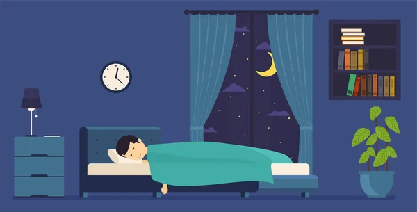 L'homme dort la nuit au lit. Chambre avec fenêtre la nuit . — Image vectorielle