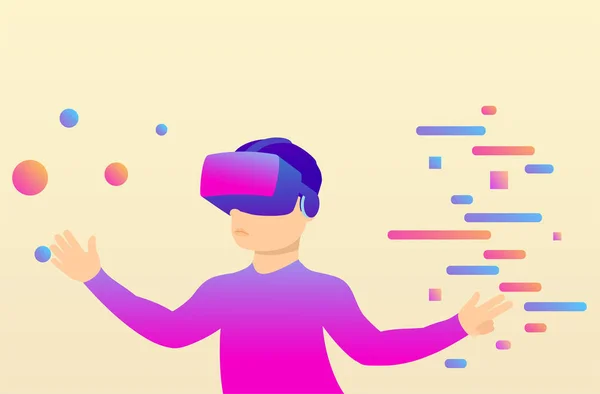 Pessoa em óculos de realidade virtual move objetos . — Vetor de Stock