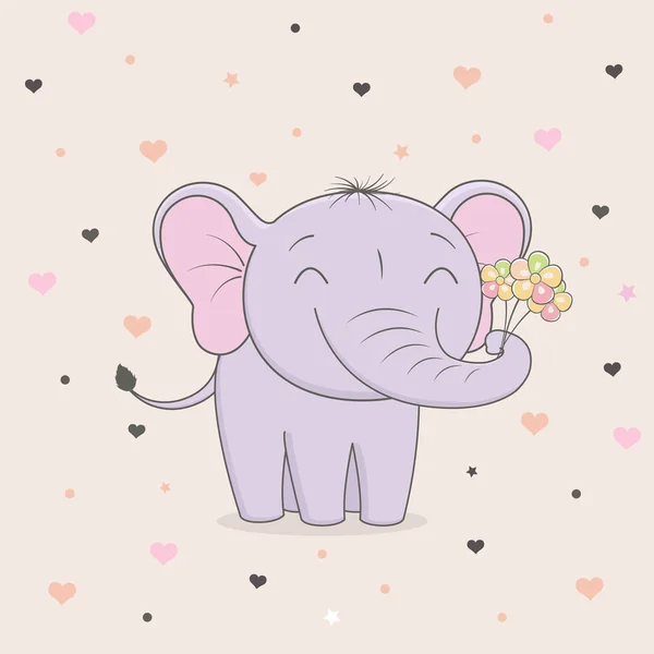 Lindo elefante con flores en el fondo de los corazones . — Vector de stock