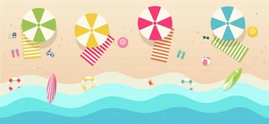 Beach, şemsiye, havlu, sörf tahtaları, güneş gözlüğü ile Üstten Görünüm