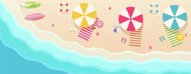 Beach, şemsiye, havlu, sörf tahtaları, güneş gözlüğü ile Üstten Görünüm
