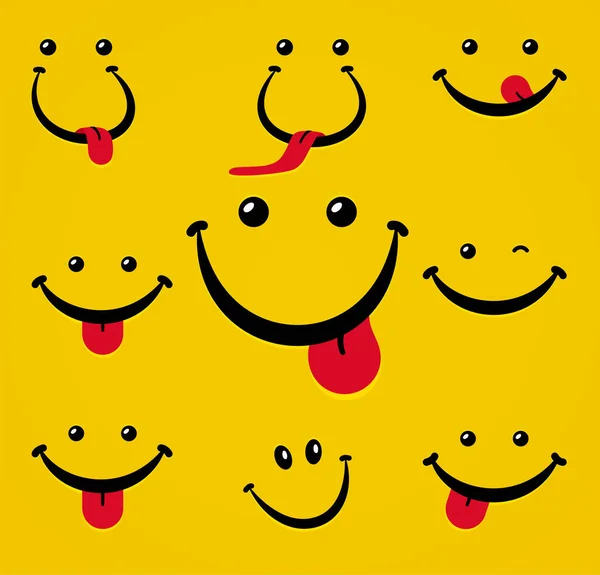 Viso sorridente con lingua su sfondo giallo. Illustrazione — Vettoriale Stock