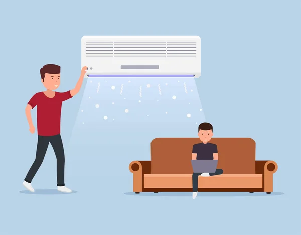Climatiseur résidentiel, chambre avec climatisation, homme sur canapé — Image vectorielle