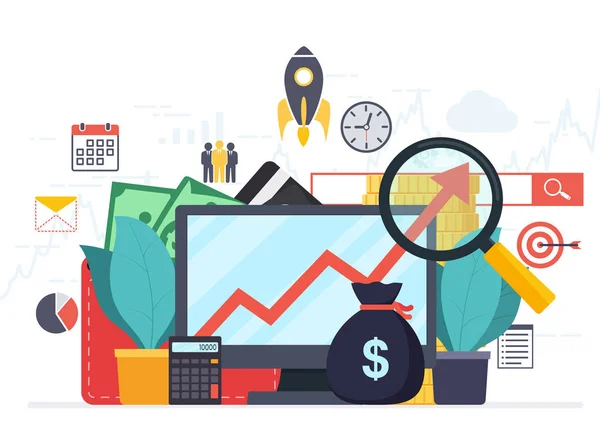 Analyse web analytics en business ontwikkeling statistieken. — Stockvector