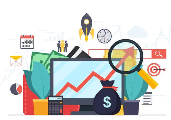 Análisis analítica web y estadísticas de desarrollo empresarial . — Archivo Imágenes Vectoriales