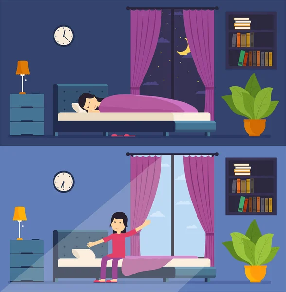 Woman sleeps in bed at night and wakes up in the morning. — Stock Vector