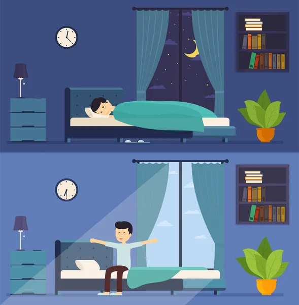 Man slaapt 's nachts in bed en wakker in de ochtend. — Stockvector