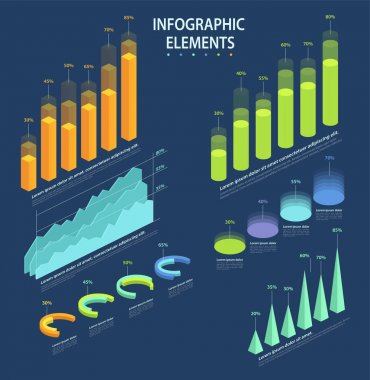 İş öğeleri Infographic, istatistiksel veri, pasta grafikleri, sütun, piramitler, grafikleri 3d izometrik tasarım kümesi.