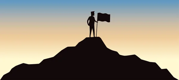 Hombre con bandera en la cima de la montaña. Concepción del ganador . — Vector de stock