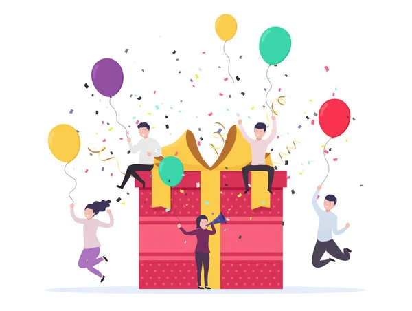 Joyful people jump out near a gift box with balloons, confetti. Birthday celebration concept, business event. — Stock Vector