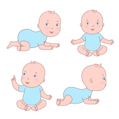 Çeşitli pozisyonlarda tatlı bir bebek. 0 yaşından 1 yıla kadar oturup karnının üstünde oturuyor..