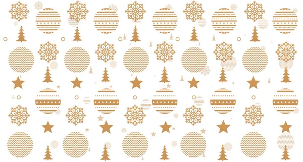 Christmas seamless pattern with New Year decorations. Golden snowflakes, circles balls with ornament, stars, Christmas trees. Winter holiday background. — Stock Vector