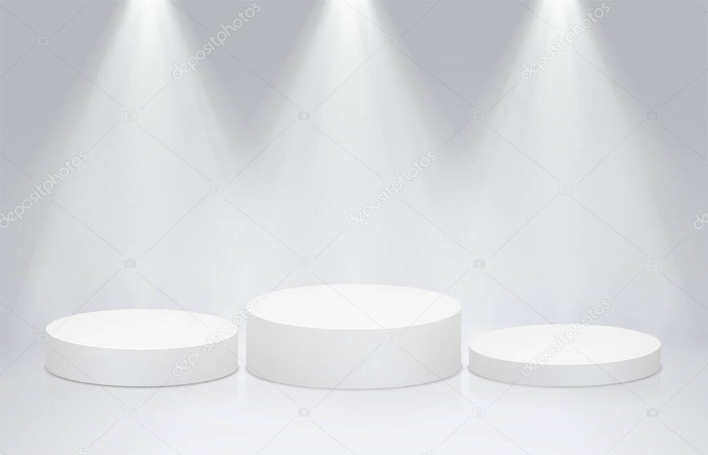 Round stage podium pedestal with bright lighting, spotlights. Winner podium, first second and third place for presentation of trophies or awards.