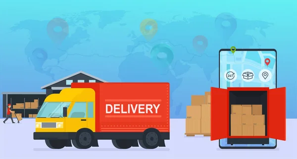 Servicio en línea de entrega de mercancías al almacén y a casa, carga y descarga. Concepto de logística urbana e internacional . — Archivo Imágenes Vectoriales