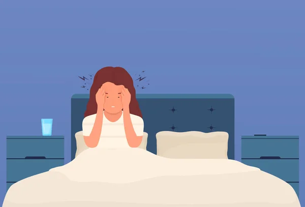 Baş ağrısı. Yatakta yatan bir kadının baş ağrısı, migreni ve kafasında basınç vardır. Şakaklarında şiddetli ağrısı olan yorgun bir kız kafa kafaya veriyor.. — Stok Vektör