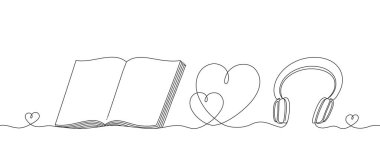 Kulaklıklar ve kalbi olan açık bir kitap. Devamlı doğrusal desen. Müzik dinlemek için müzik aleti ve okumak için eğitici bir konu