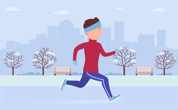 Ung man i sportkläder joggar eller springer i stadsparken på vintern. Träning utomhus frisk luft, friidrott, aktiv hälsosam livsstil. Platt tecknad vektor illustration löpare på bakgrund storstad. — Stock vektor