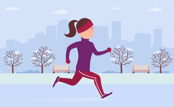 Ung kvinna i sportkläder joggar eller springer i stadsparken på vintern. Träning utomhus frisk luft, friidrott, aktiv hälsosam livsstil. Platt tecknad vektor illustration löpare på bakgrund storstad. — Stock vektor