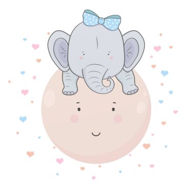 Kafasında fiyonk olan sevimli, küçük mavi bir fil, pembe ay üzerinde oturuyor..