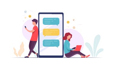 Laptop akıllı telefon kullanan çift birbirleriyle iletişim kuruyor. Geniş telefon çevresindeki güzel kadın ve erkek mesajlar, randevular ve ilişkiler için mobil uygulama kullanıyor.