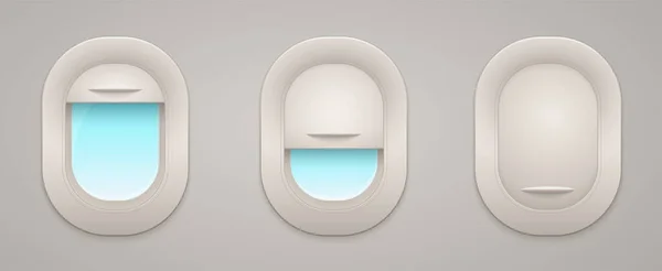 Açık ve kapalı perdeleri olan uçak pencereleri içi ve dışı boş. Uçak penceresi.. — Stok Vektör