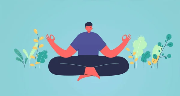 Lotus pozisyonunda meditasyon yapan bir adam. Enerji yükü ve rahatlama kavramı, iş çözümleri. — Stok Vektör