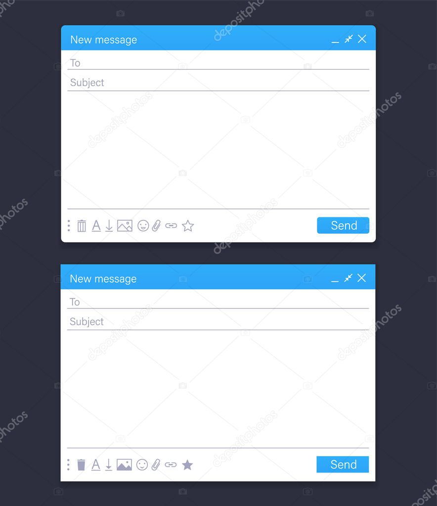 Email message interface, sending form. Blank page email box design.