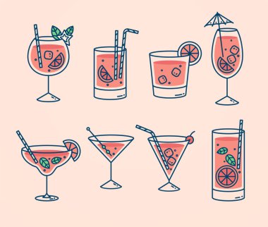 Kokteyl koleksiyonu, alkollü ve alkolsüz yaz içecekleri limon, limon ve naneli. Buzlu viski, tekila, votka, sambuca, mojito ve martini..