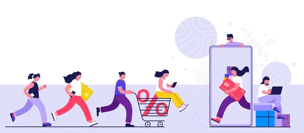 Concepto de compras en línea, consumismo y personas. Jóvenes mujeres y hombres hacen compras con un teléfono inteligente, portátil. Plantilla de página de destino . — Vector de stock