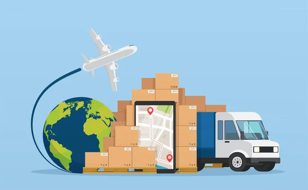 Online υπηρεσία ταχυδρομική logistic υπηρεσία ή courier έννοια παράδοσης. Φορτηγό με πακέτα αποθήκη πακέτα, κινητό τηλέφωνο με χάρτη της πόλης και την παρακολούθηση της παραγγελίας. Αεροπορικές μεταφορές και εμπορευματικές μεταφορές. — Διανυσματικό Αρχείο