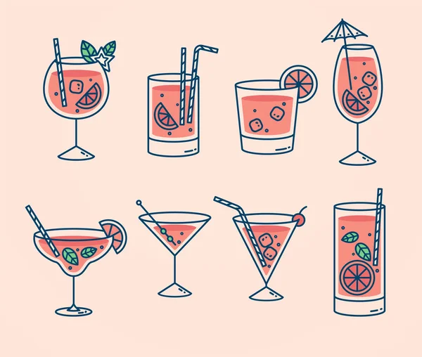 Cocktails collectie, alcoholische en niet-alcoholische zomerdrankjes met ijsblokjes citroen, limoen en munt. Whisky met ijs, tequila, wodka, sambuca, mojito en martini. — Stockvector