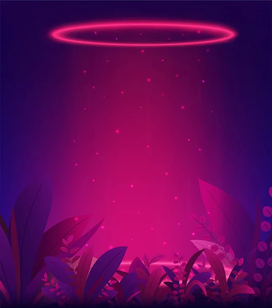 Brillante portal rojo brillante fondo de neón con hojas tropicales. Teletransportarse con anillos y rayos de luz de una escena nocturna y chispas . — Vector de stock