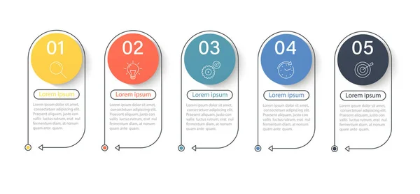 Elementos infográficos, cronología del desarrollo empresarial progresivo con iconos y opciones de 5 pasos. Proceso de negocio, línea delgada . — Vector de stock