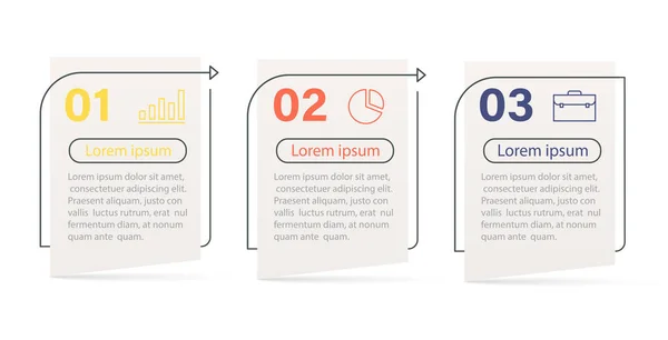 Elementos infográficos, cronograma de desenvolvimento de negócios progressivo com ícones e opções de 3 passos. Processo de negócios, linha fina . — Vetor de Stock