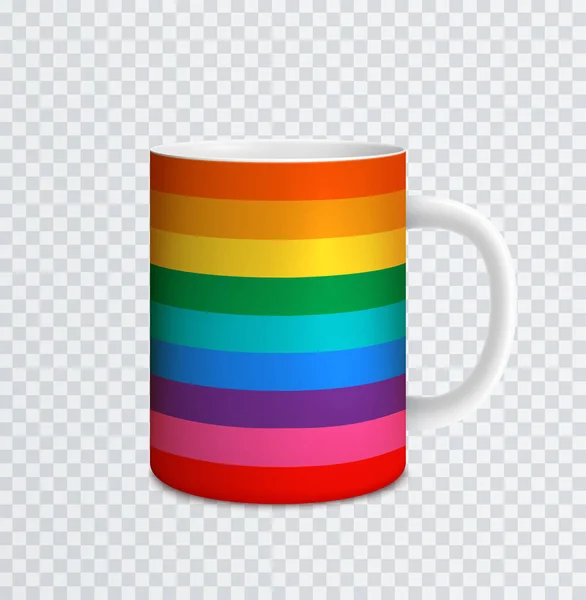 Keramický hrnek s duhovým spektrem barev izolovaných na průhledném pozadí. Mock up coffee tea cup. — Stockový vektor