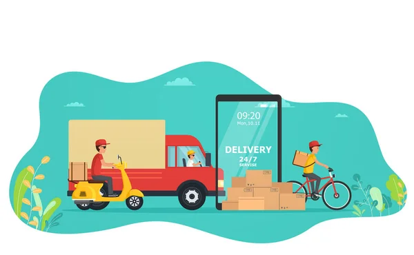 Concetto di fornitura di servizi online di merci in camion, scooter, bici attraverso l'applicazione sito web. Concetto di logistica e servizio di consegna per landing page . — Vettoriale Stock