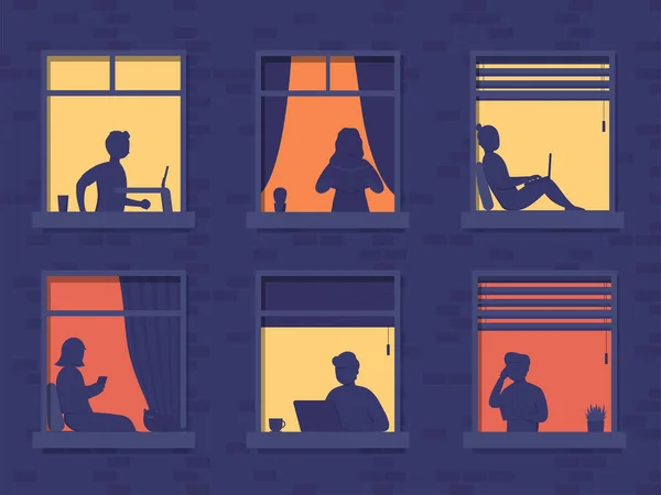 Les gens dans la maison des fenêtres regardent de la pièce ou de l'appartement, travaillent sur un ordinateur portable, parlent au téléphone, lisent des livres, courent sur un tapis roulant. Concept gens assis à la maison le soir, travailler, étudier et se reposer . — Image vectorielle