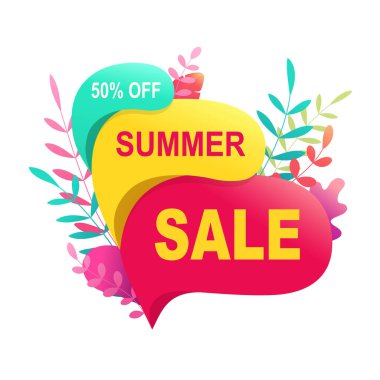 Yaz indirimi 50 indirim. Mevsimsel tasarım için tropikal sıcak balon işareti.