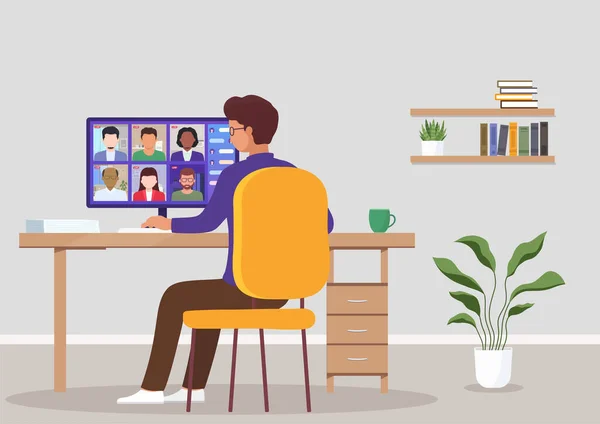 Videoconferentie Van Thuis Concept Online Ontmoeting Met Collega Werk Opleiding — Stockvector