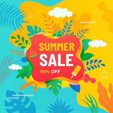 Tropikal yapraklı, soyut yaz pankartı. Moda dokusu sıcak yaz hafta sonu indirimi tasarımı, sosyal medya, poster, broşür, reklam.