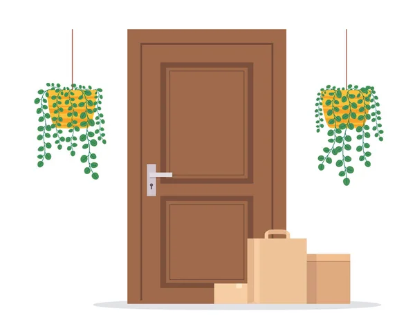 Bezdotykowa dostawa paczek do drzwi. Pojęcie zamówienia żywności i towarów przez doręczanie przesyłek kurierskich. — Wektor stockowy